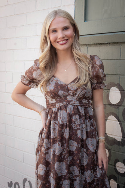  Joy Floral Sweetheart Midi Dress, Brown Multi