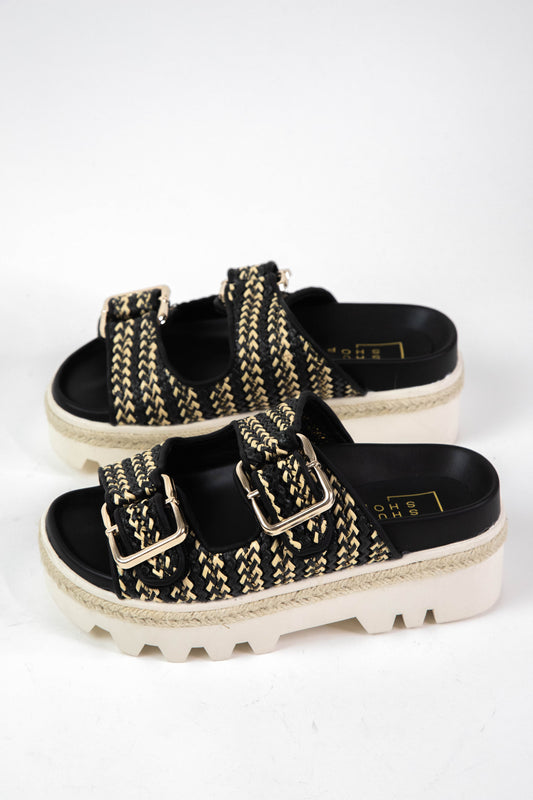  Xyla Double Buckle Platform Sandal, Black Woven | ShuShop