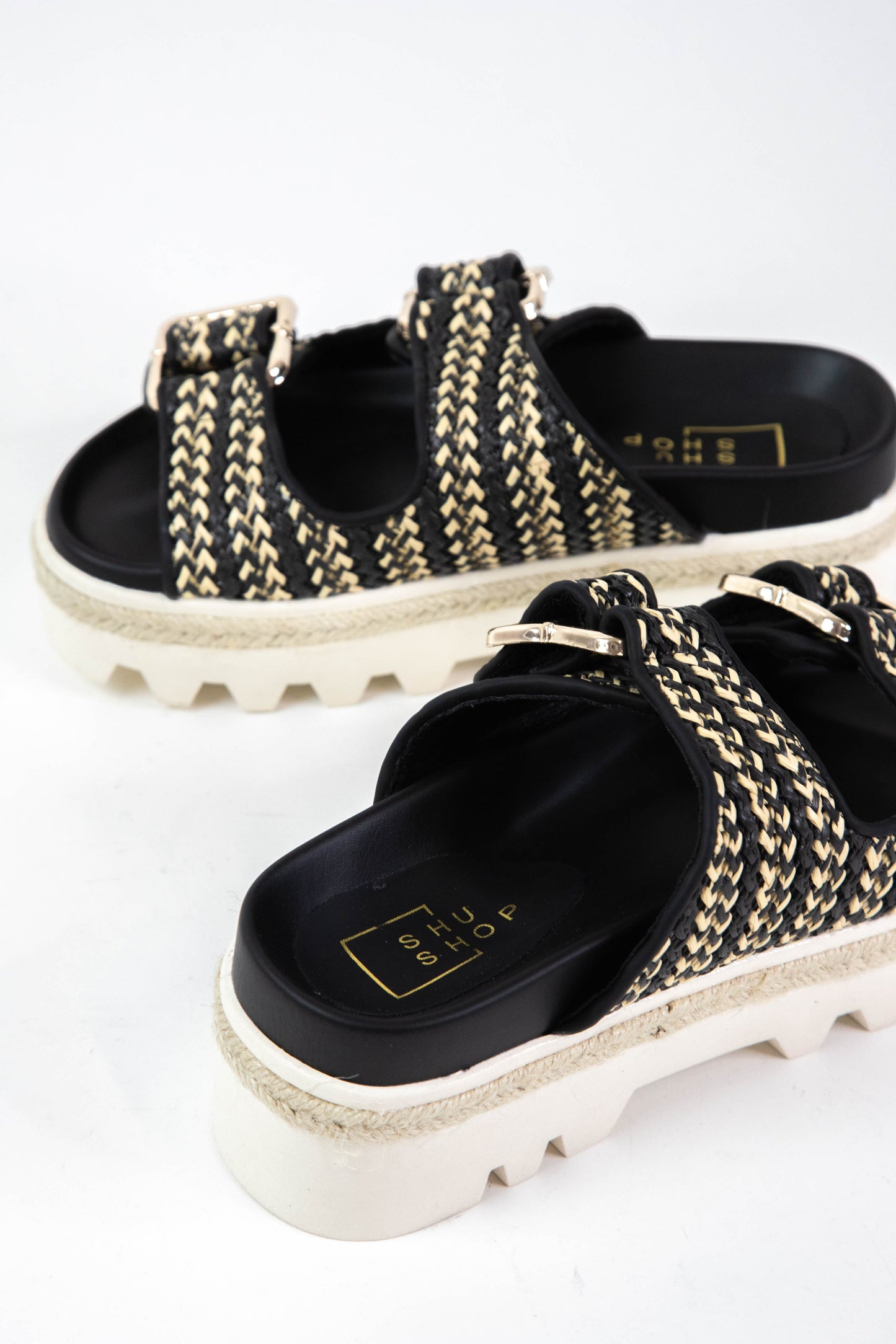  Xyla Double Buckle Platform Sandal, Black Woven | ShuShop