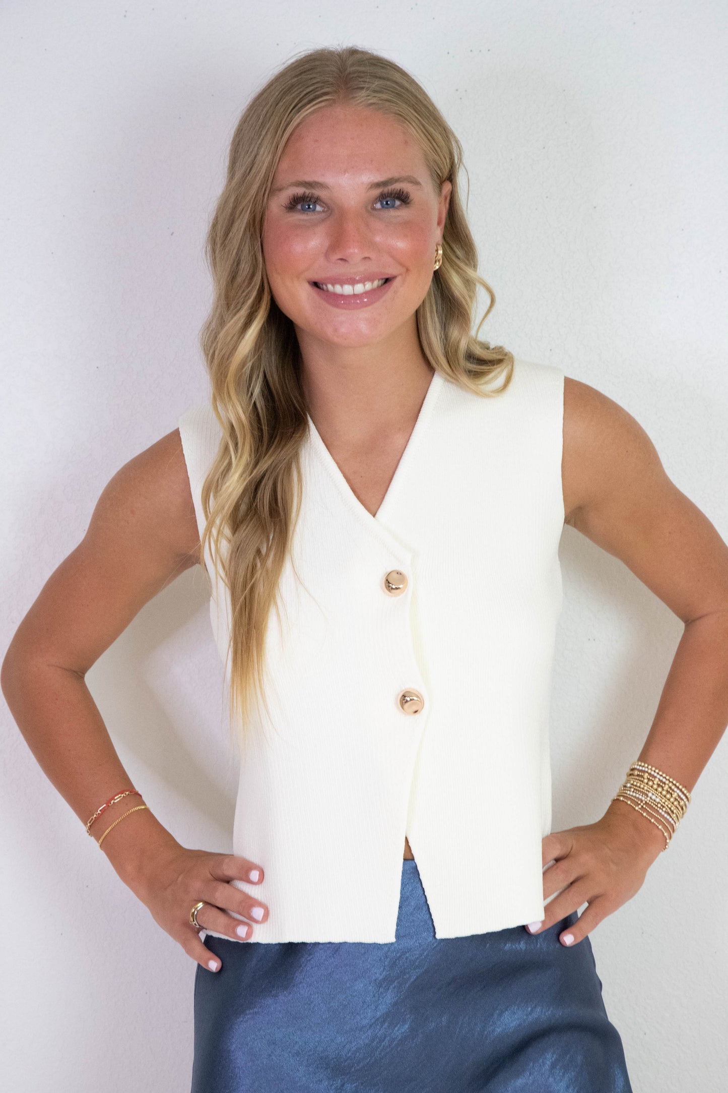  Saylor Gold Button Sweater Vest, Cream