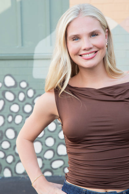  Delia Asymmetrical Off Shoulder Top, Chocolate