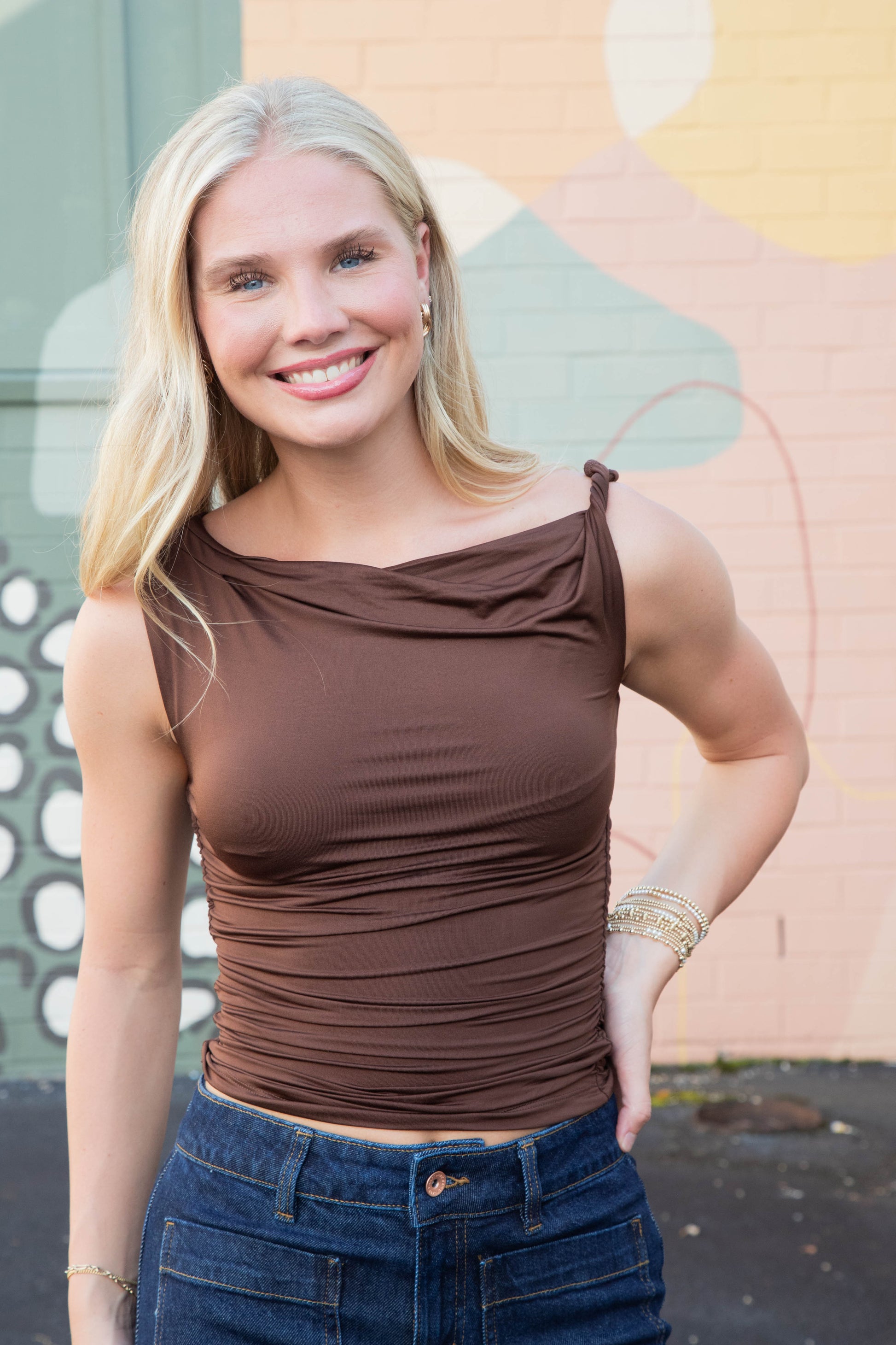  Delia Asymmetrical Off Shoulder Top, Chocolate