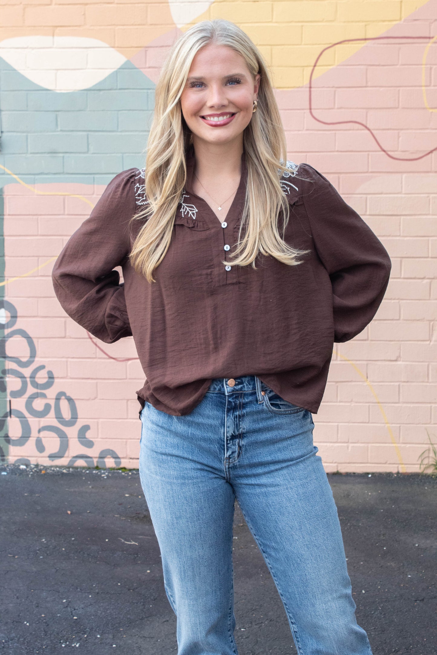  Mary Floral Embroidered Ruffle Neck Top, Brown