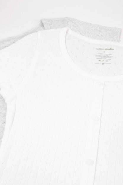  Georgia Faux Button Pointelle Top, Off White