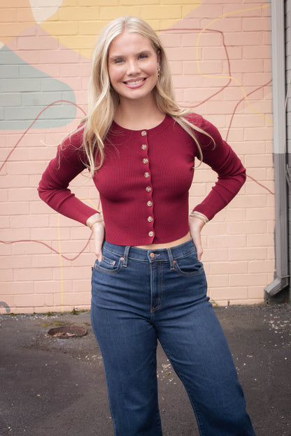  Josie Rib Knit Cropped Cardigan, Red Wood