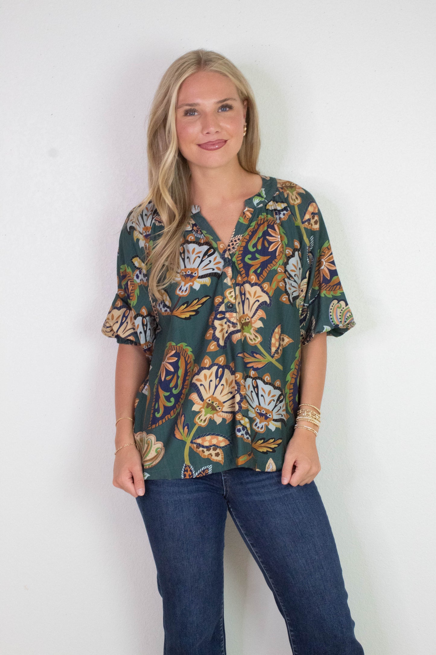  Cecilia Printed Half Sleeve Blouse, Teal