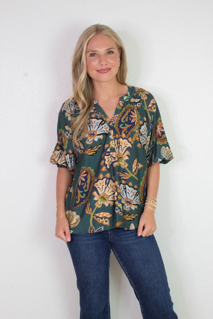 Cecilia Printed Half Sleeve Blouse, Teal