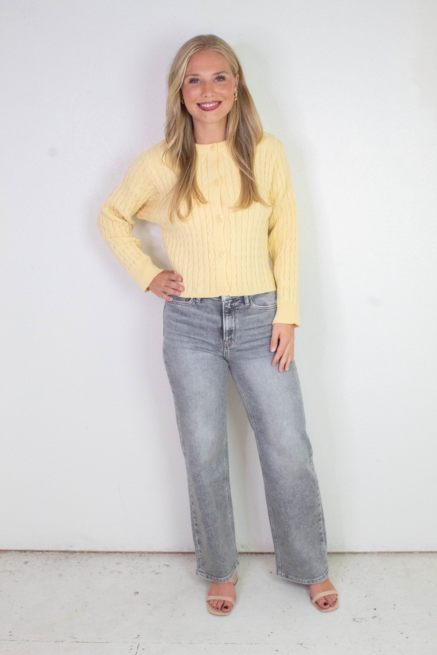  Josephine Cable Knit Boxy Cardigan, Butter