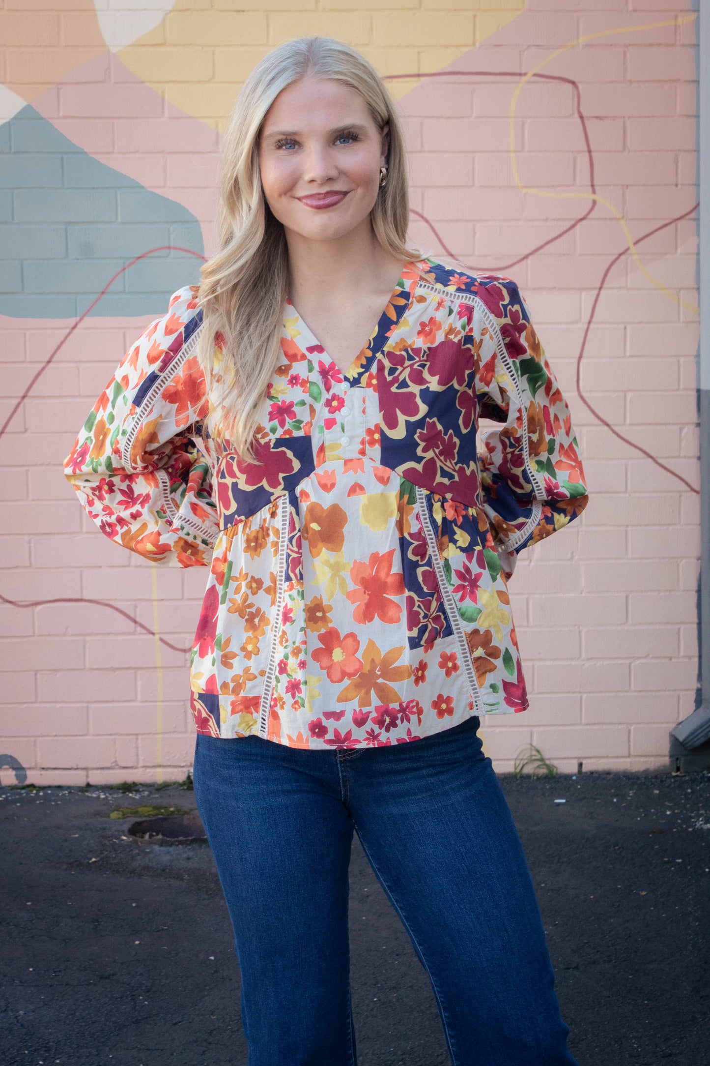  Scarlett Vibrant Patchwork Blouse, Ivory Multi