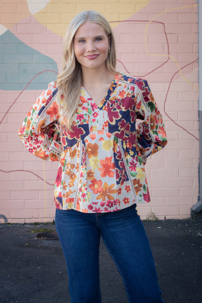  Scarlett Vibrant Patchwork Blouse, Ivory Multi
