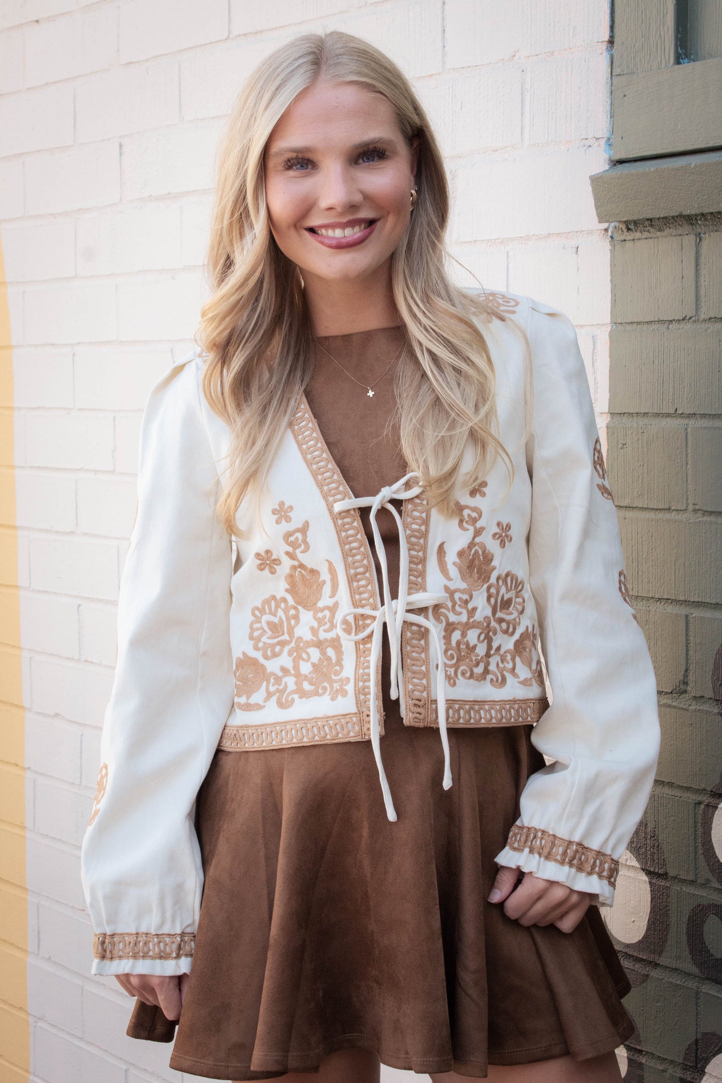  Mia Embroidered Front Tie Jacket, Ecru