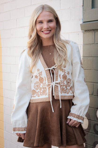  Mia Embroidered Front Tie Jacket, Ecru