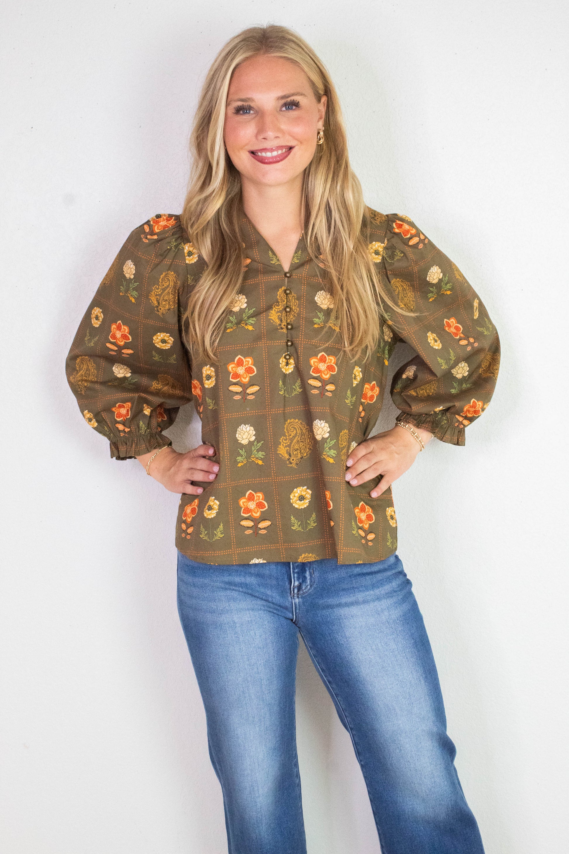 Emilia Floral Print Ruffle Detailed Top, Olive
