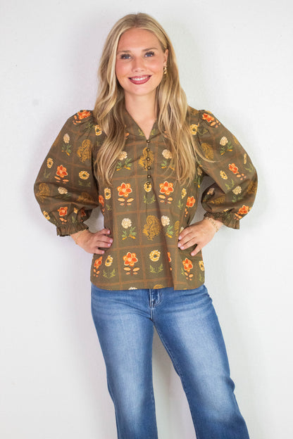  Emilia Floral Print Ruffle Detailed Top, Olive