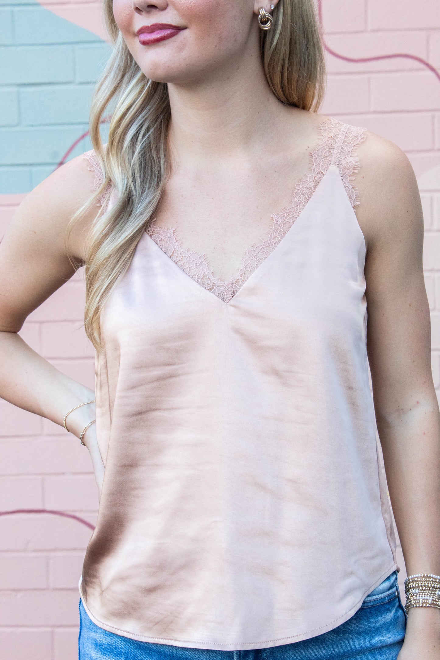  Averie Lace Trim Satin Cami, Almond