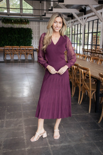  Marielle Pleated Knit Midi Skirt, Plum