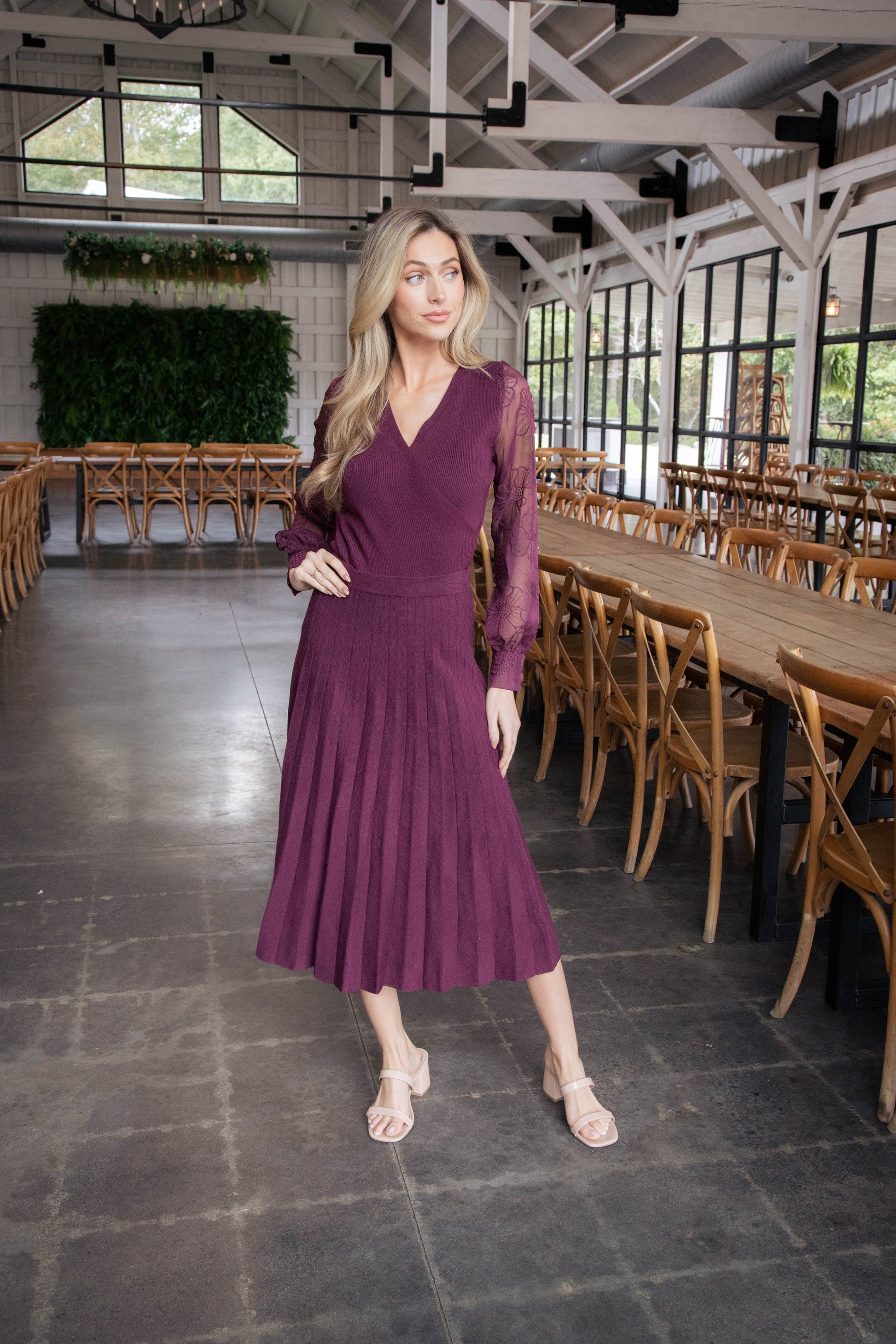  Marielle Pleated Knit Midi Skirt, Plum