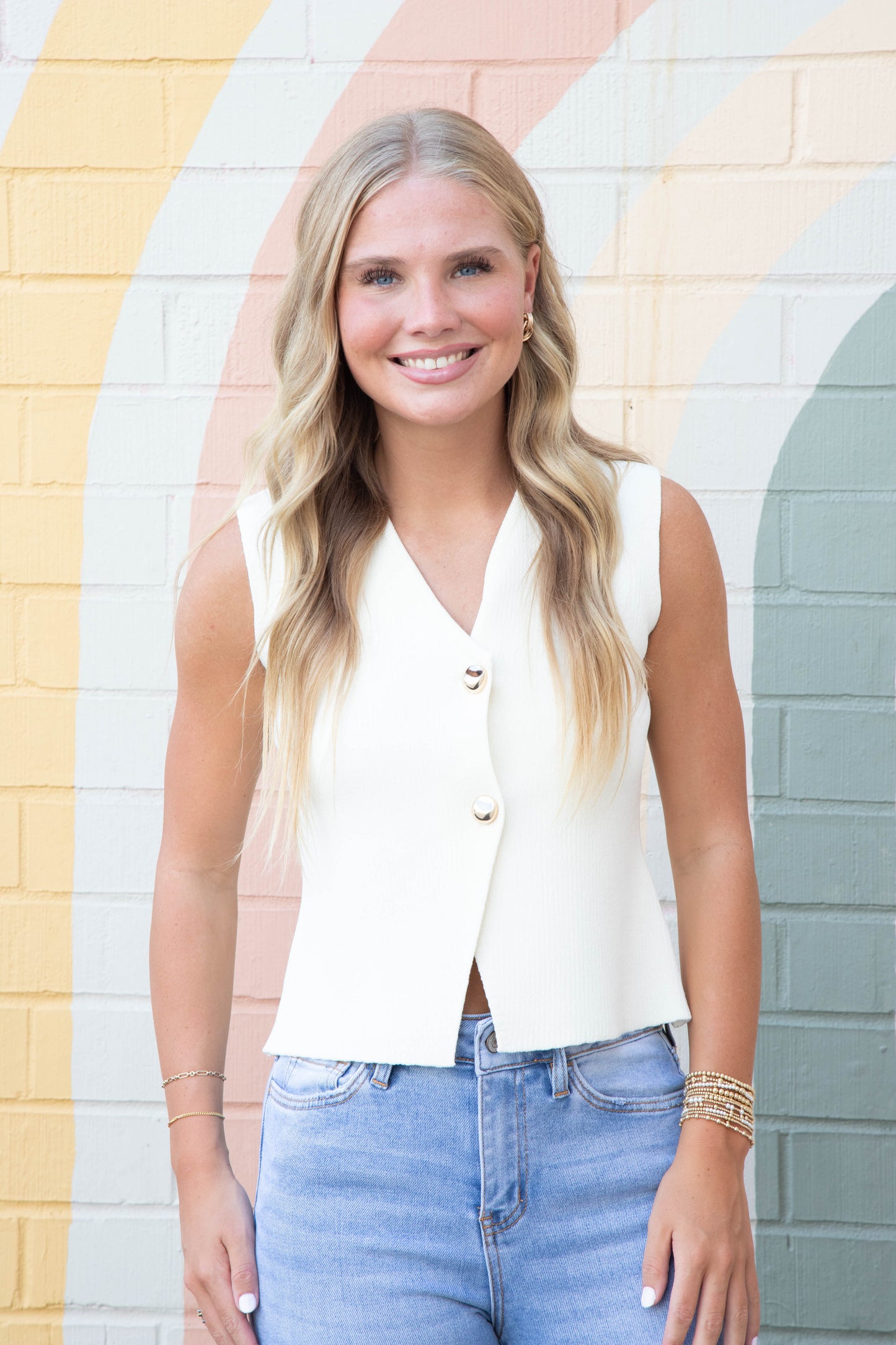  Saylor Gold Button Sweater Vest, Cream