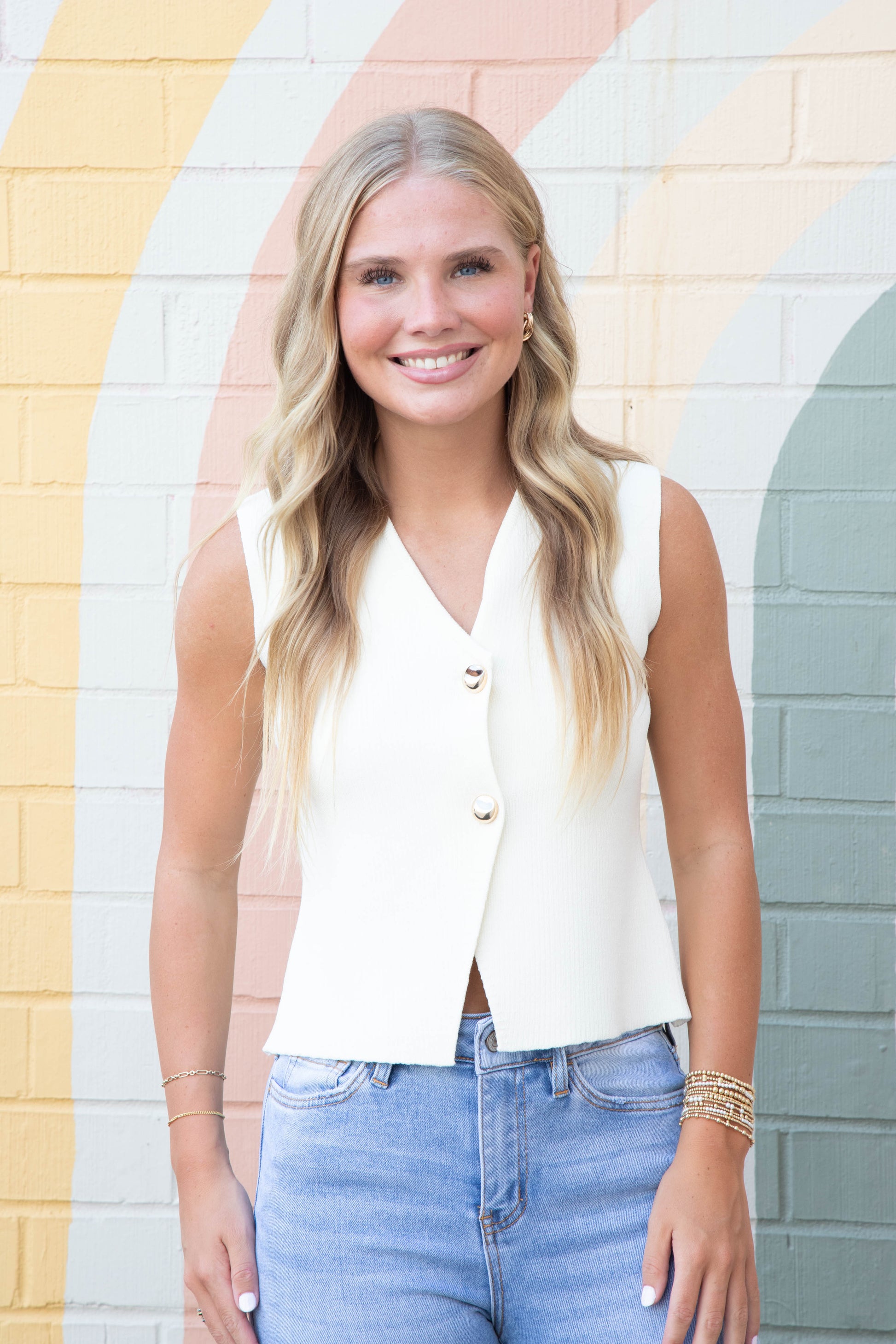  Saylor Gold Button Sweater Vest, Cream