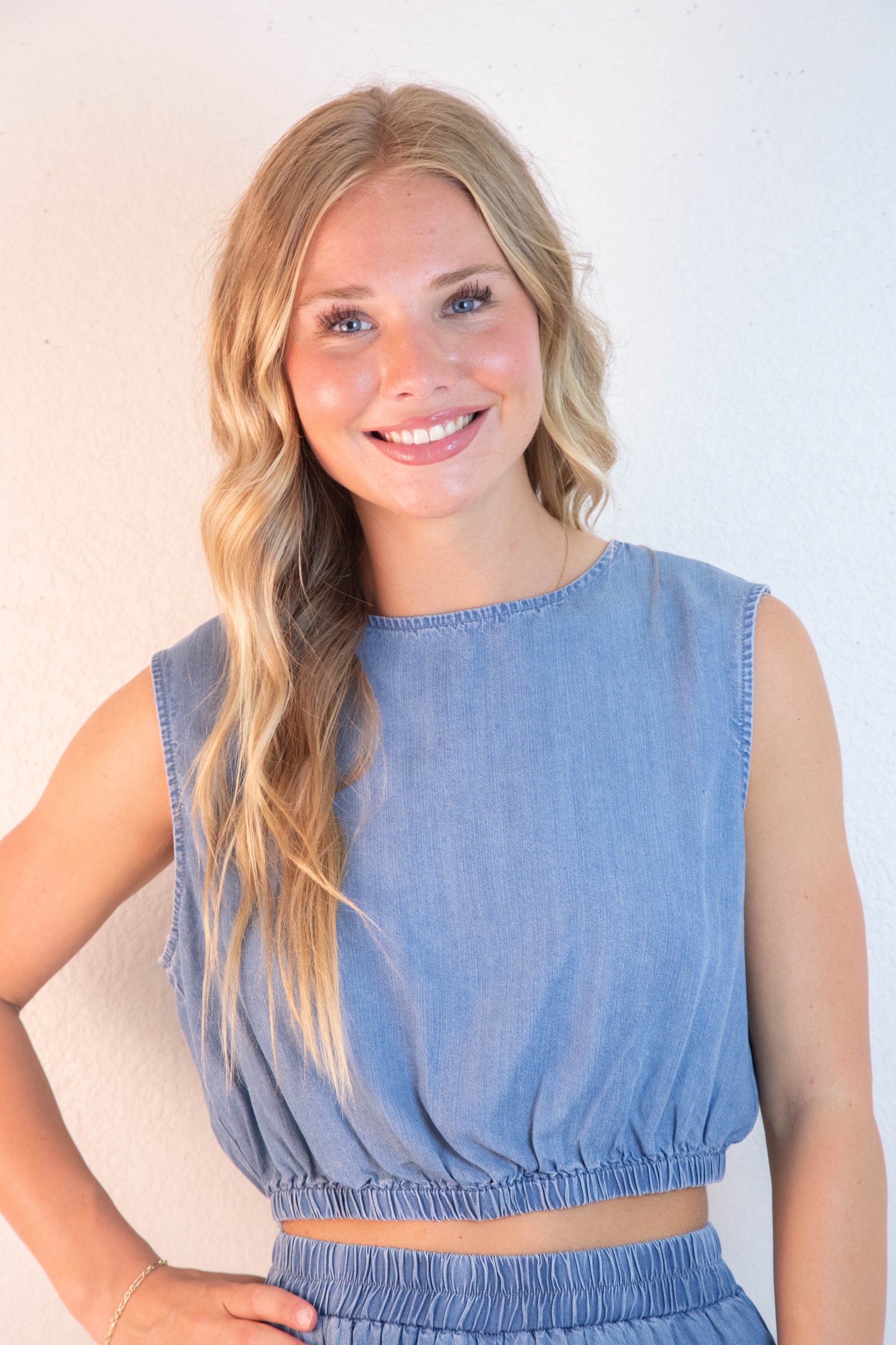  Alison Back Tie Detail Crop Top, Denim