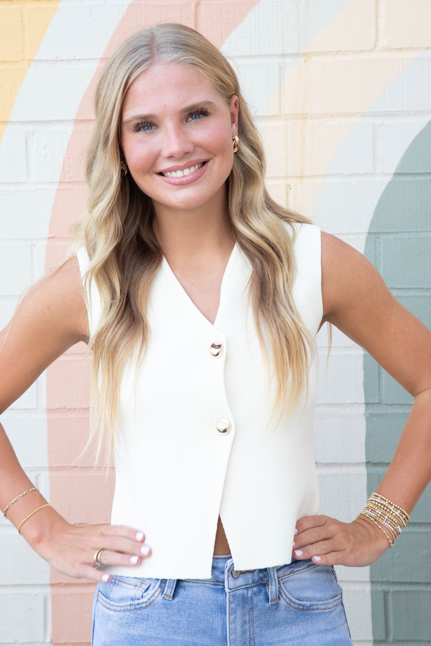  Saylor Gold Button Sweater Vest, Cream