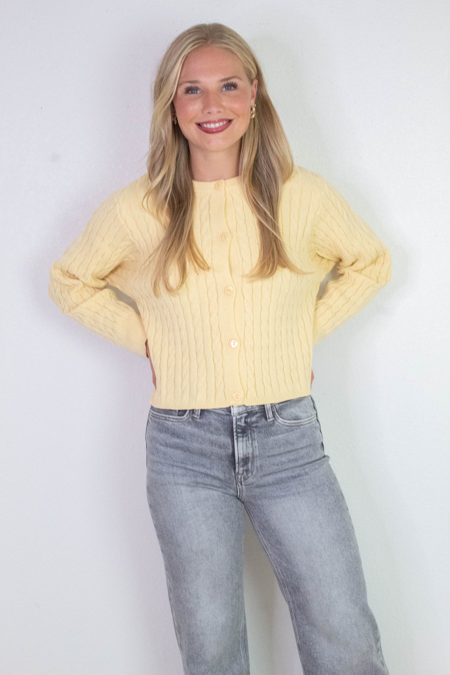  Josephine Cable Knit Boxy Cardigan, Butter