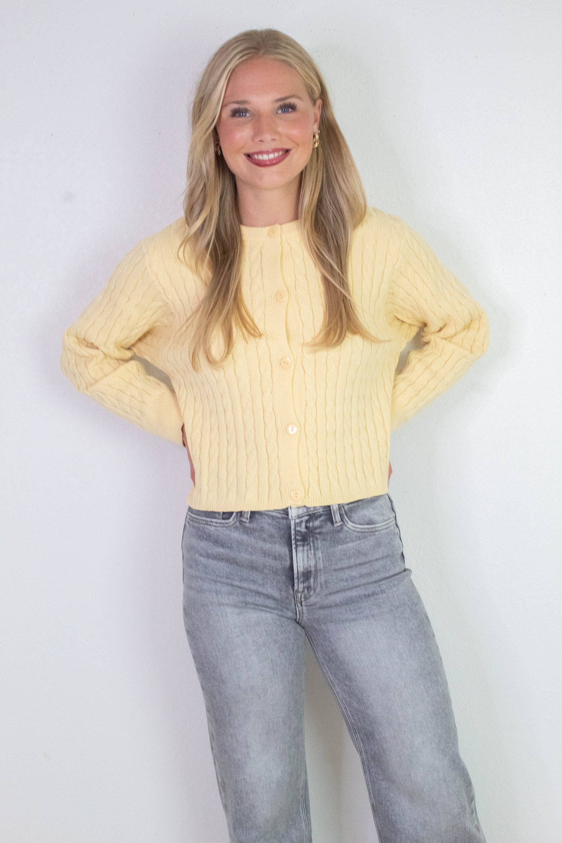  Josephine Cable Knit Boxy Cardigan, Butter