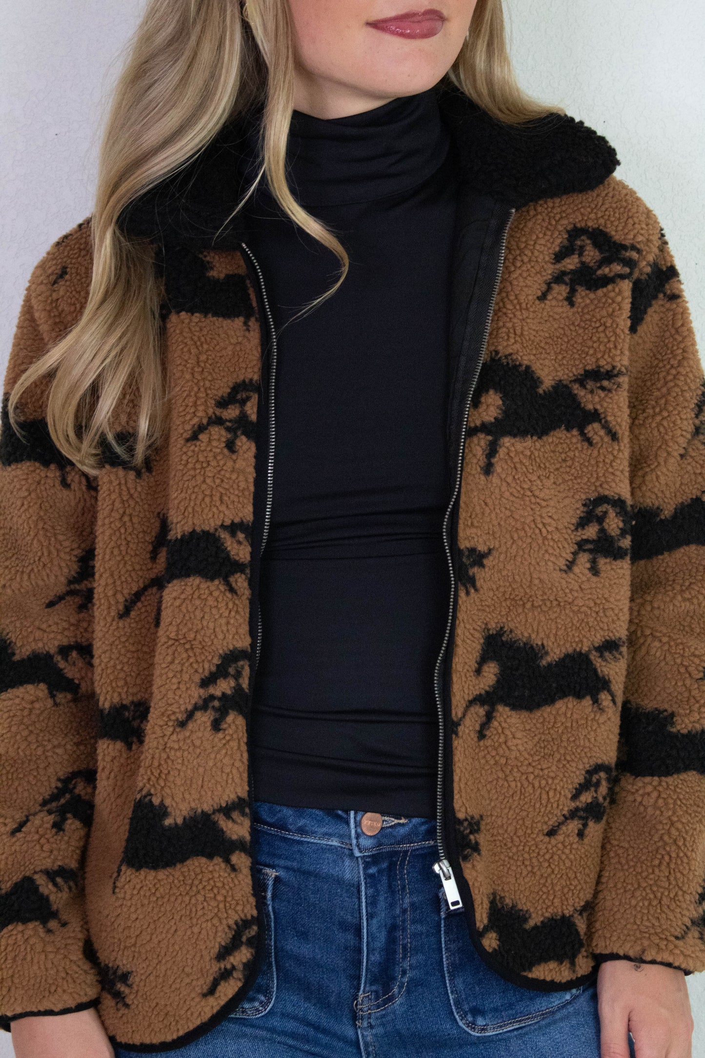  Joline Sherpa Zip Front Jacket, Horse Black | RD Style