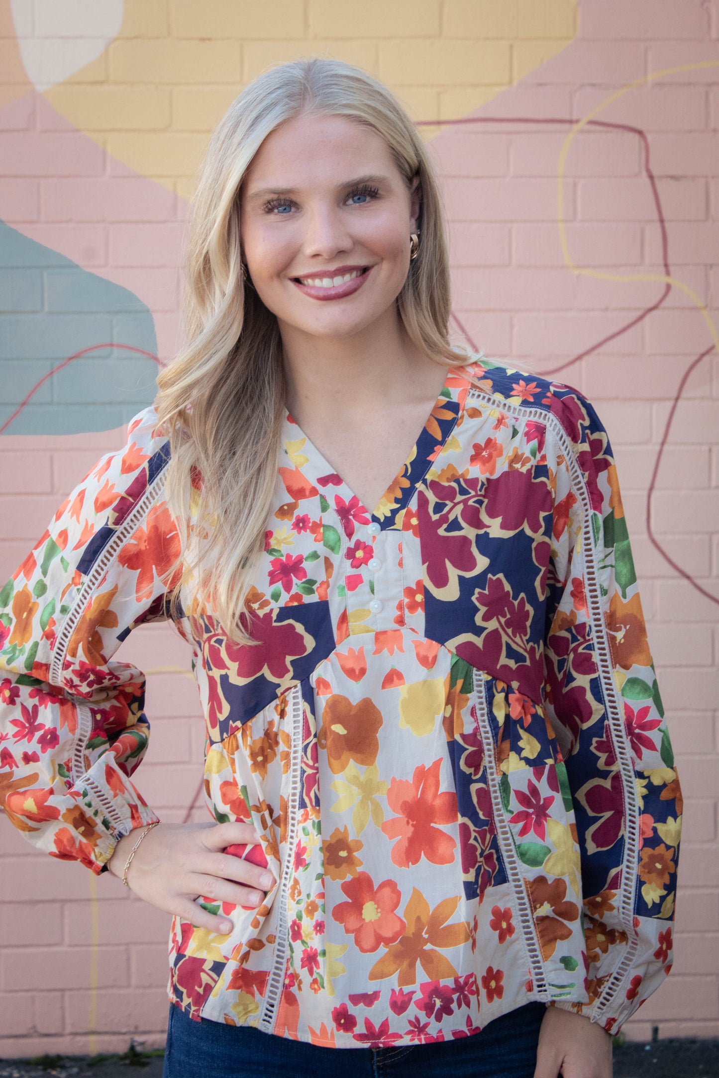  Scarlett Vibrant Patchwork Blouse, Ivory Multi