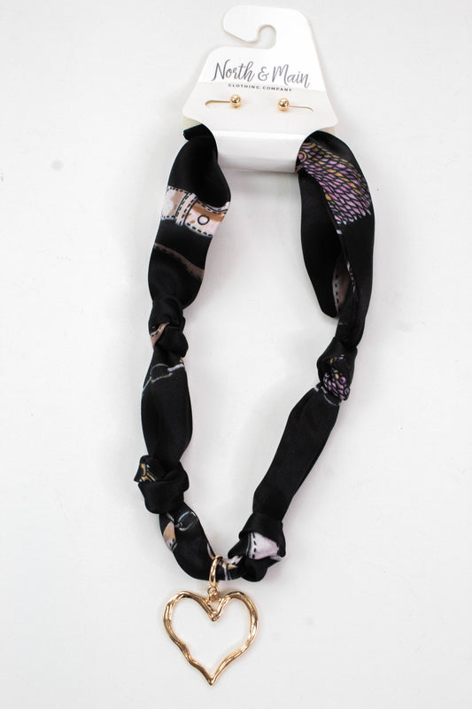  Noah Open Heart Charm Scarf Necklace, Black