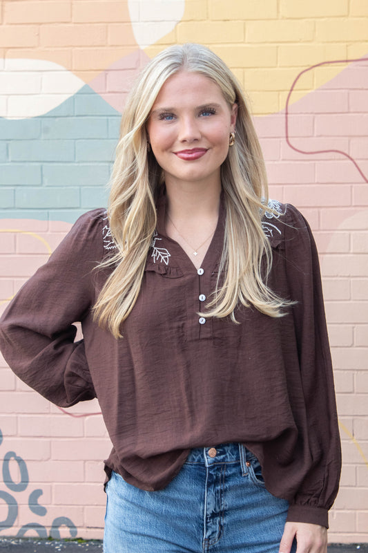  Mary Floral Embroidered Ruffle Neck Top, Brown