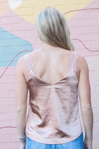  Averie Lace Trim Satin Cami, Almond