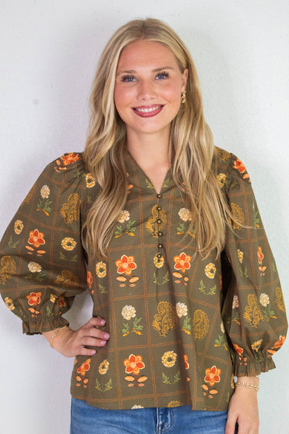  Emilia Floral Print Ruffle Detailed Top, Olive