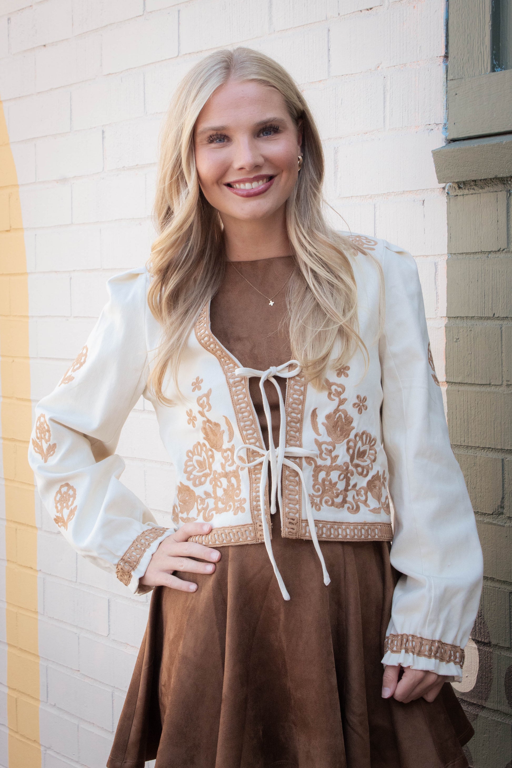  Mia Embroidered Front Tie Jacket, Ecru