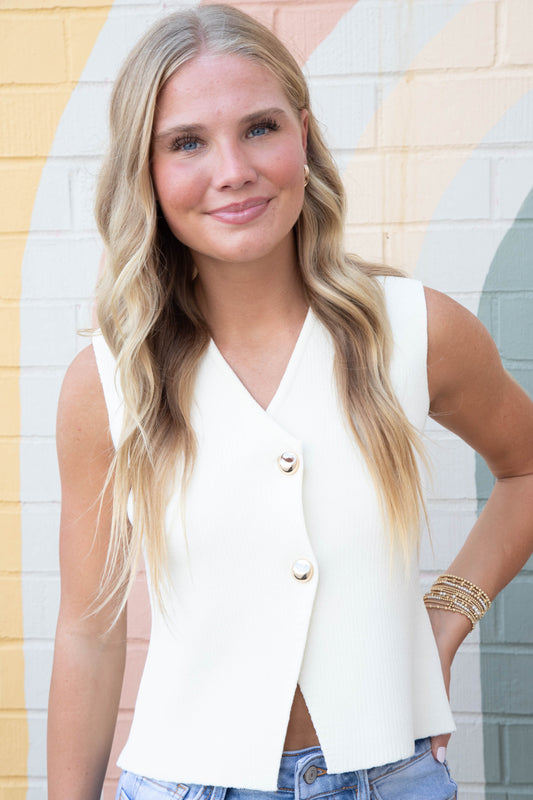  Saylor Gold Button Sweater Vest, Cream