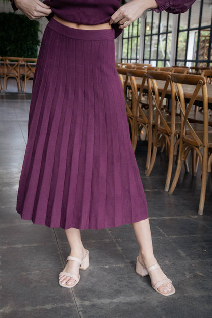  Marielle Pleated Knit Midi Skirt, Plum