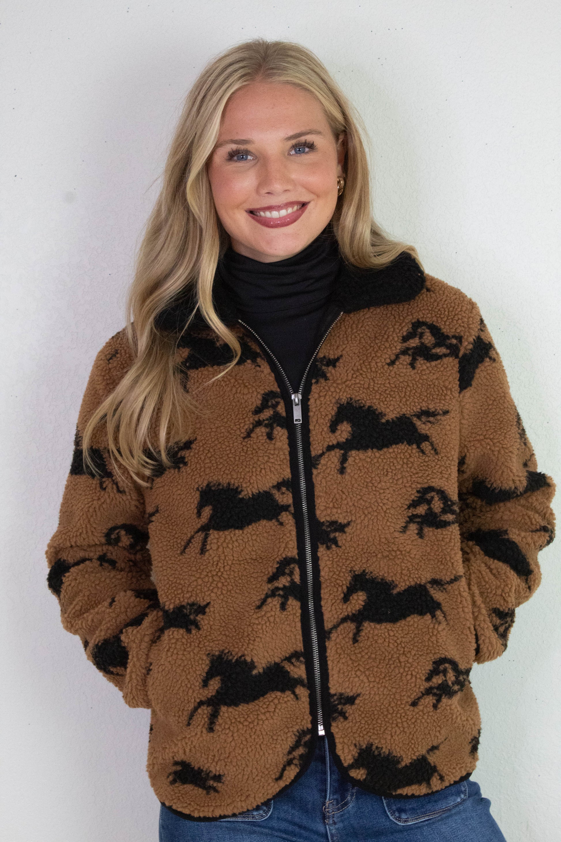  Joline Sherpa Zip Front Jacket, Horse Black | RD Style