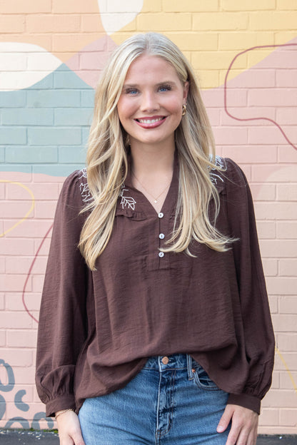  Mary Floral Embroidered Ruffle Neck Top, Brown
