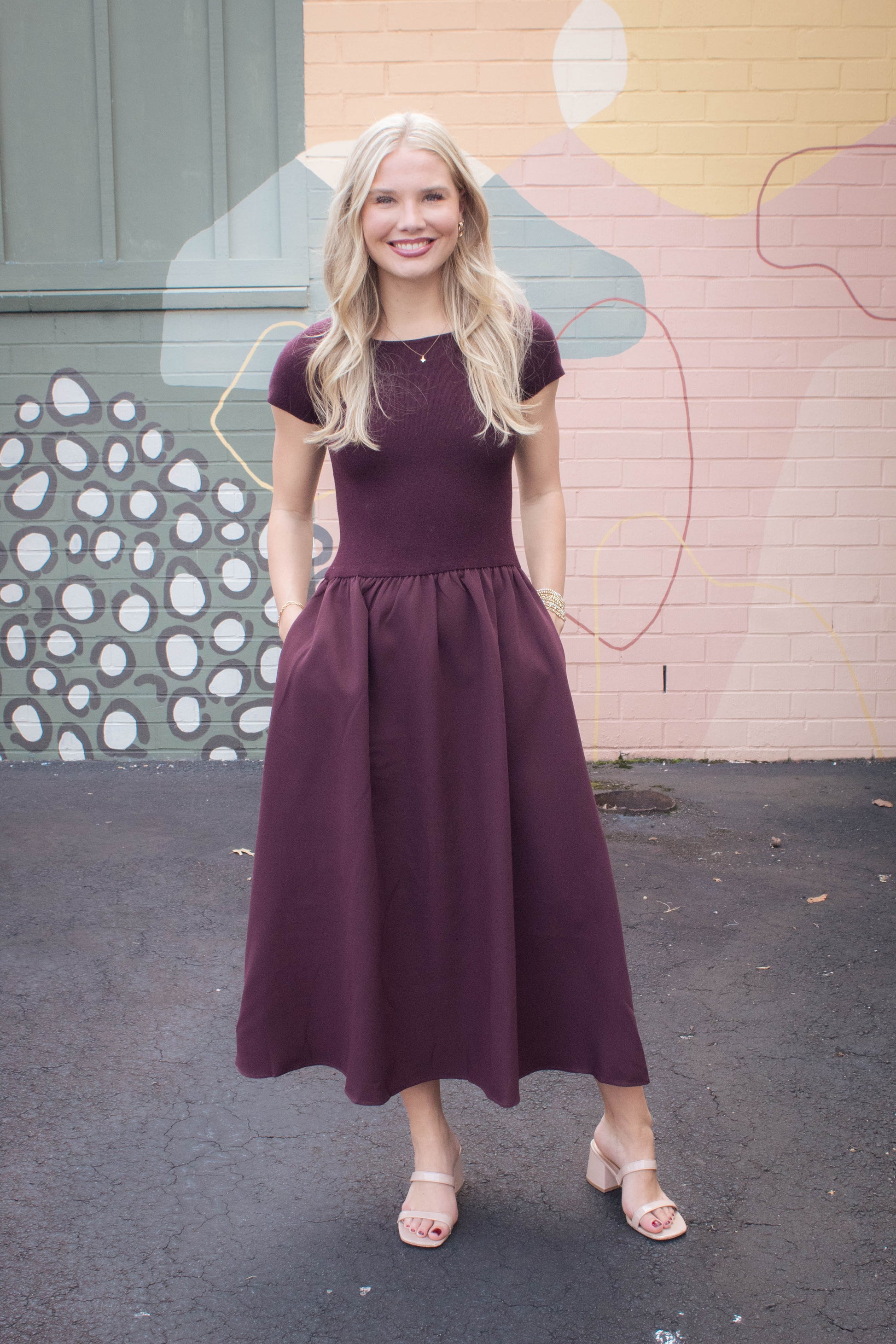  Lillian Woven Knit Mix Dress, Maroon