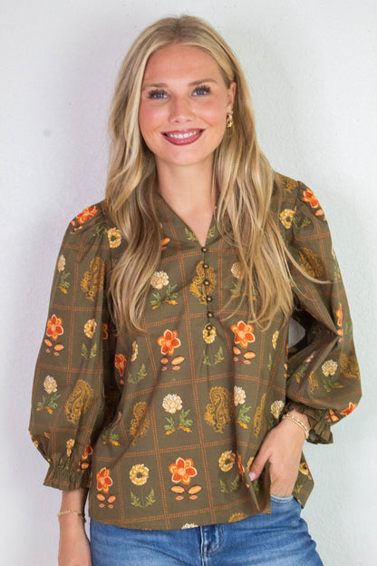  Emilia Floral Print Ruffle Detailed Top, Olive
