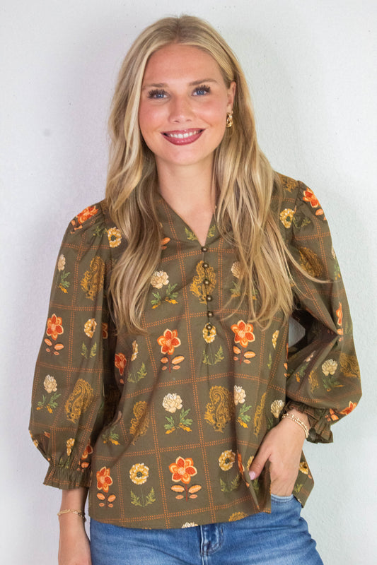  Emilia Floral Print Ruffle Detailed Top, Olive