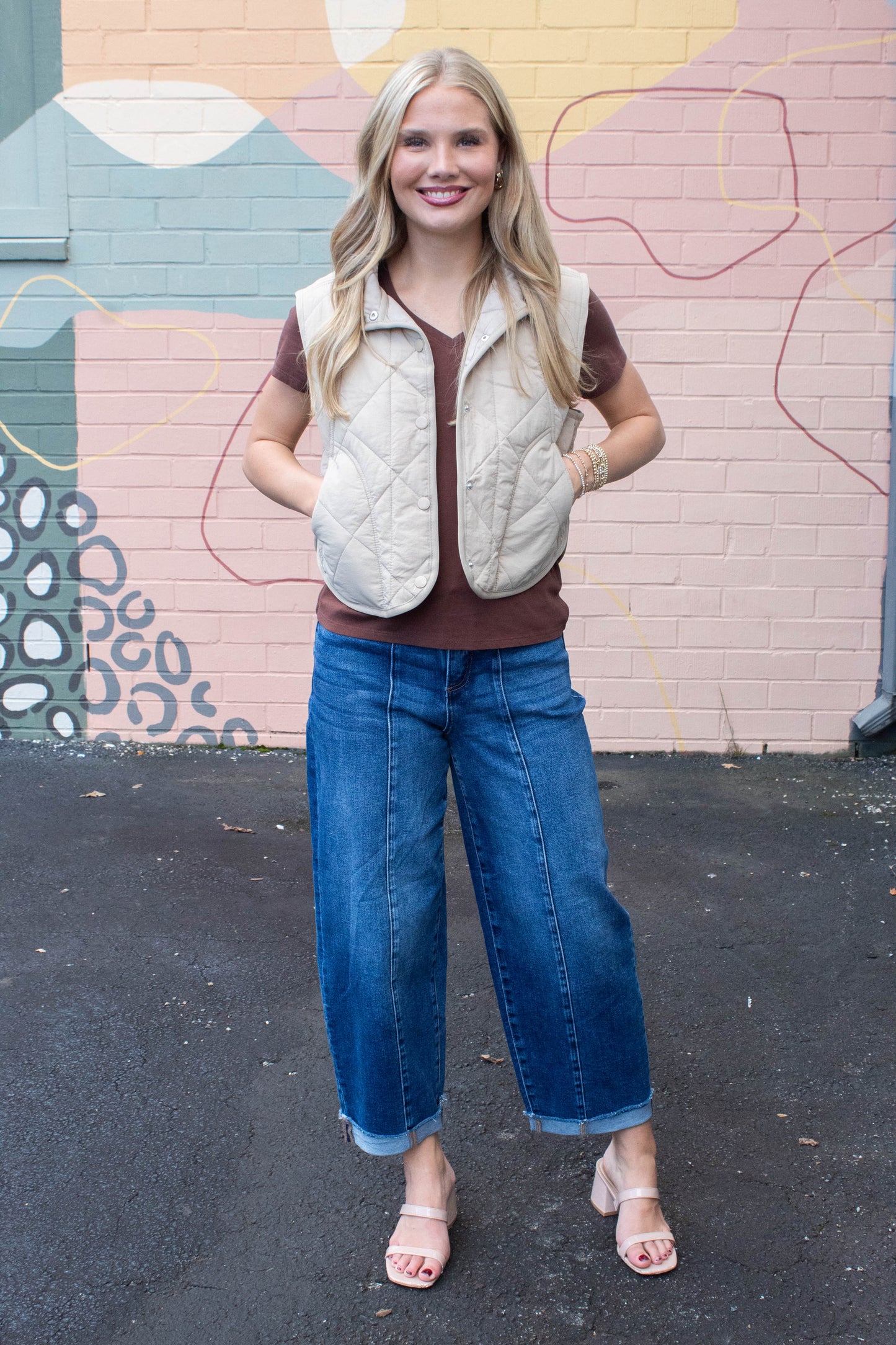  Sara Snap Button Quilted Vest, Khaki