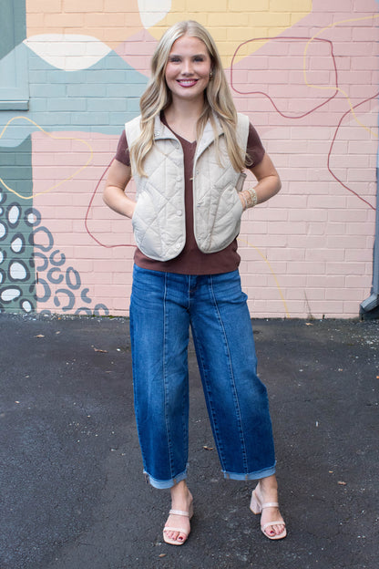  Sara Snap Button Quilted Vest, Khaki