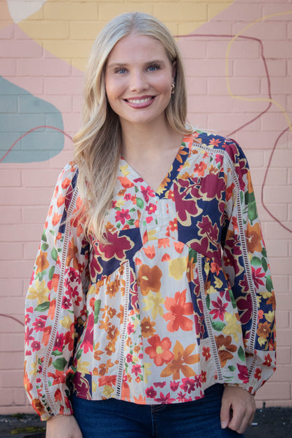  Scarlett Vibrant Patchwork Blouse, Ivory Multi