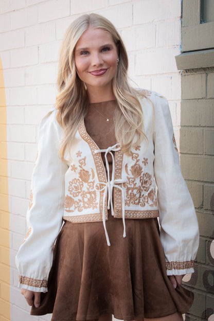  Mia Embroidered Front Tie Jacket, Ecru