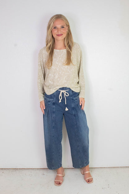  Raya Drawstring Barrel Leg Pants, Washed Denim