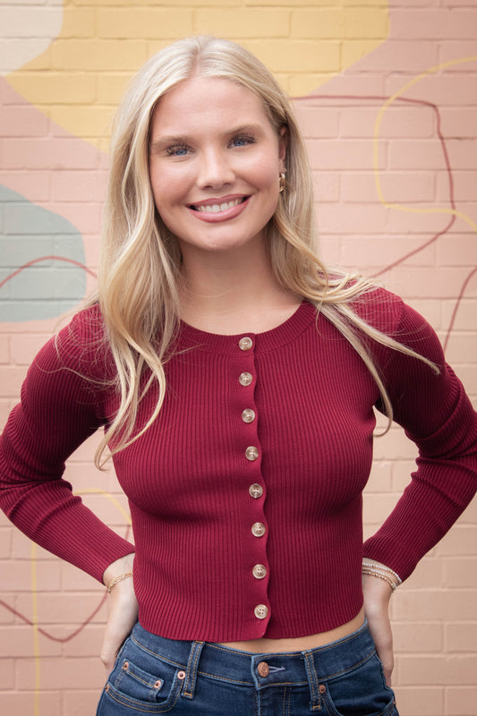  Josie Rib Knit Cropped Cardigan, Red Wood