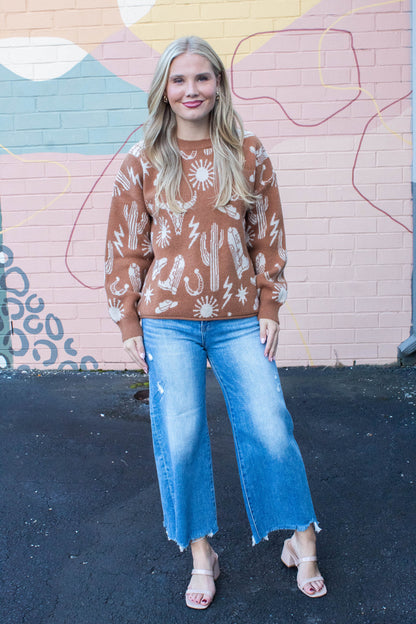  Halle Western Graphic Oversized Sweater, Camel