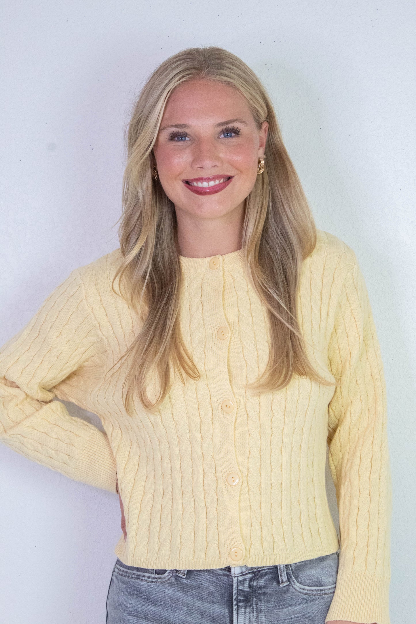  Josephine Cable Knit Boxy Cardigan, Butter