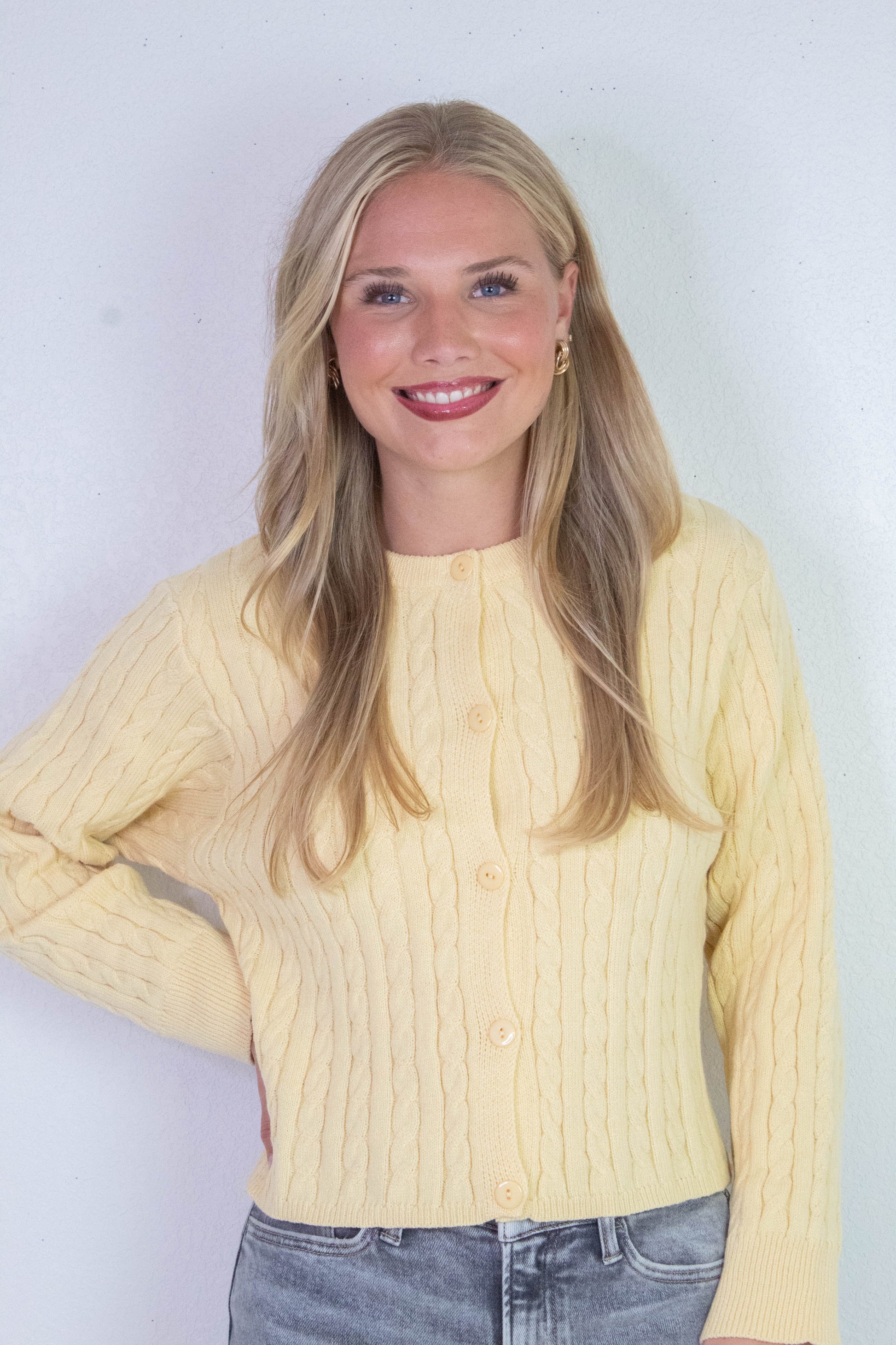  Josephine Cable Knit Boxy Cardigan, Butter